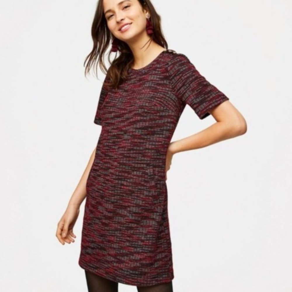 LOFT Tweed Dress Short Sleeve Button Shoulder